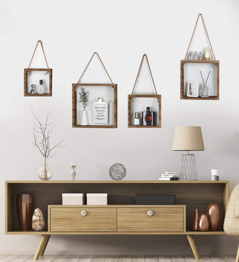 J JACKCUBE DESIGN Floating Hanging Square Shelves Wall Mounted Rustic Wood Cube Display Shelf Shadow Boxes Decorative Boho Home DÃ©cor for Living Room, Bedroom, Office, Set of 4 (Brown) - MK571B - Image 5